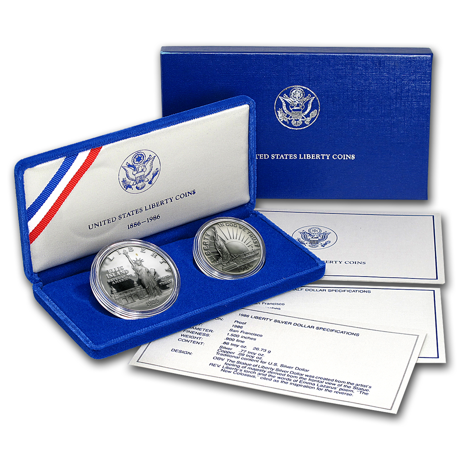 1986 Statue of Liberty PROOF 2 Coin Set w// Silver Dollar /& Half With Box /& COA